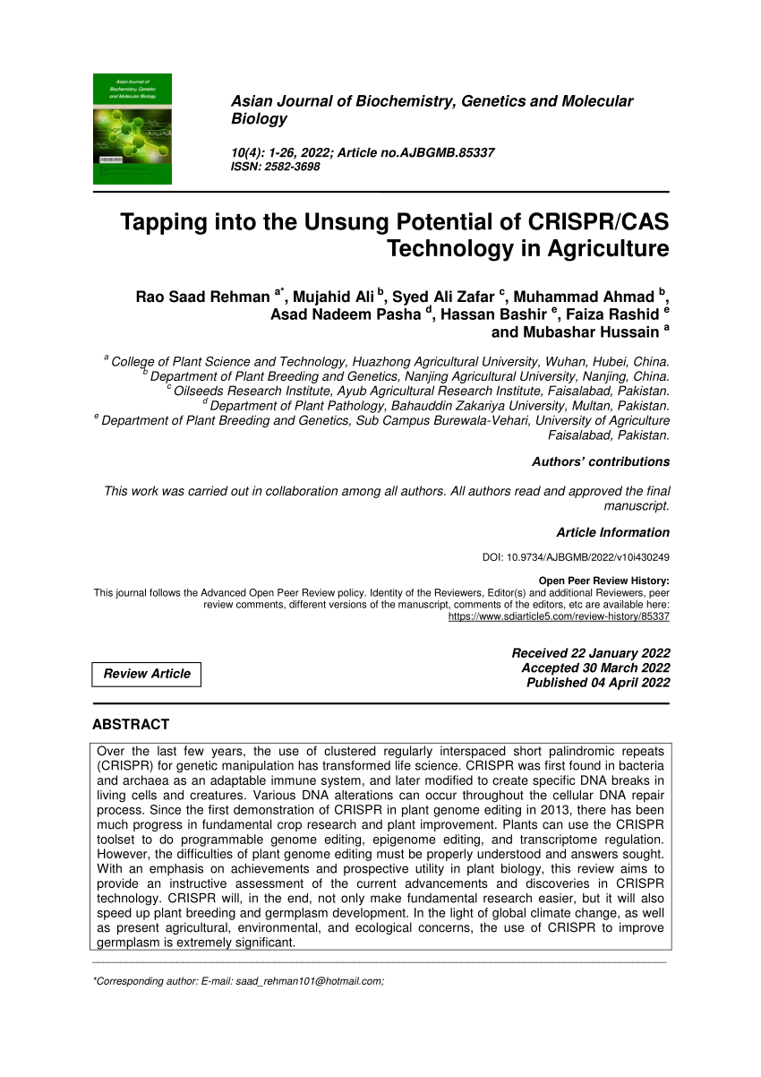 Pdf Tapping Into The Unsung Potential Of Crispr Cas Technology In Agriculture