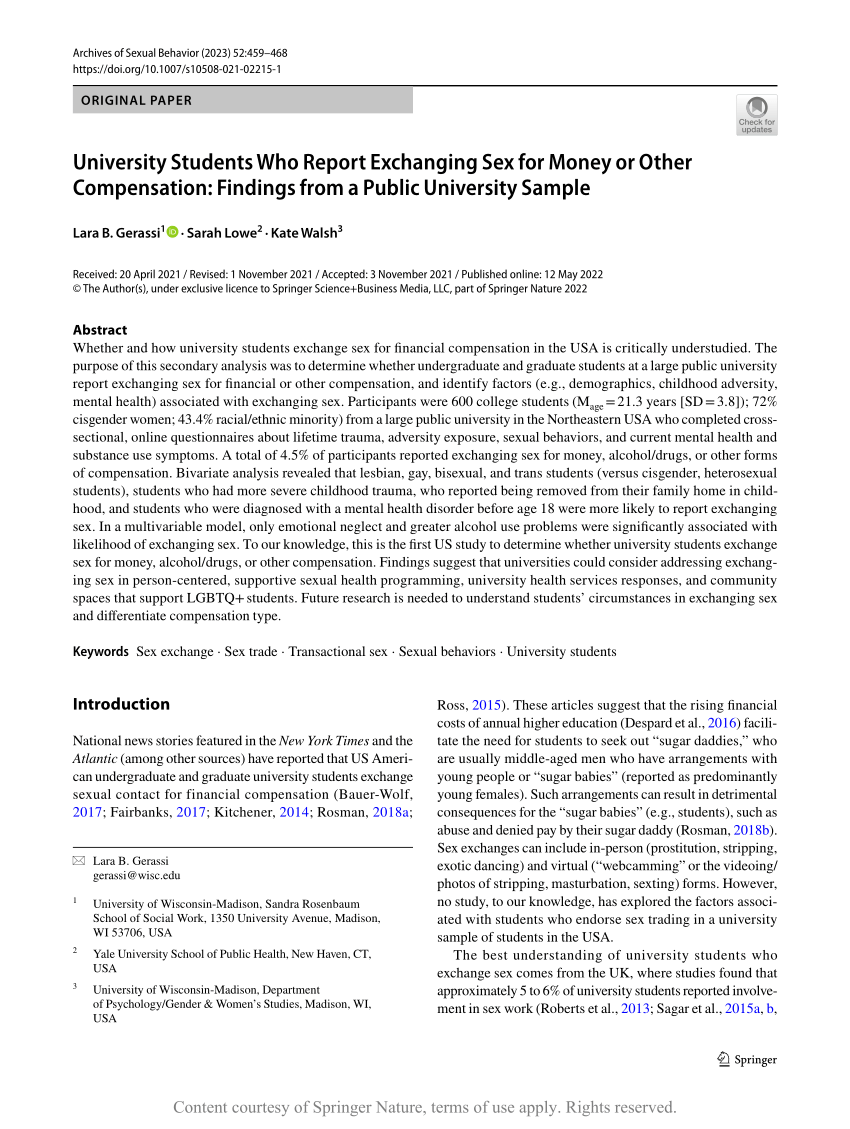 University Students Who Report Exchanging Sex for Money or Other  Compensation: Findings from a Public University Sample | Request PDF