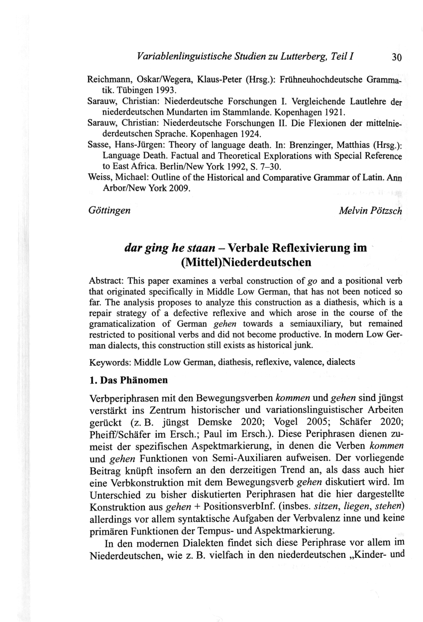 (PDF) dar ging he staan – Verbale Reflexivierung im (Mittel)Niederdeutschen