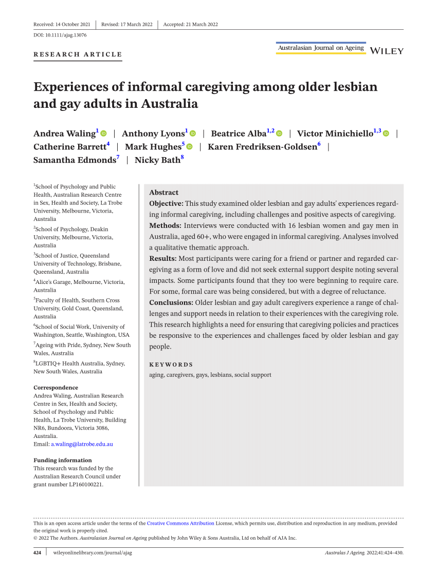 PDF) Experiences of informal caregiving among older lesbian and gay adults  in Australia