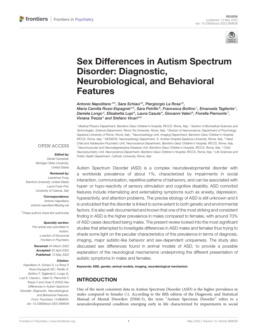 Pdf Sex Differences In Autism Spectrum Disorder Diagnostic Neurobiological And Behavioral 6805