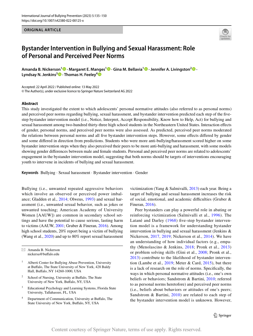 Bystander Intervention In Bullying And Sexual Harassment Role Of Personal And Perceived Peer 6634