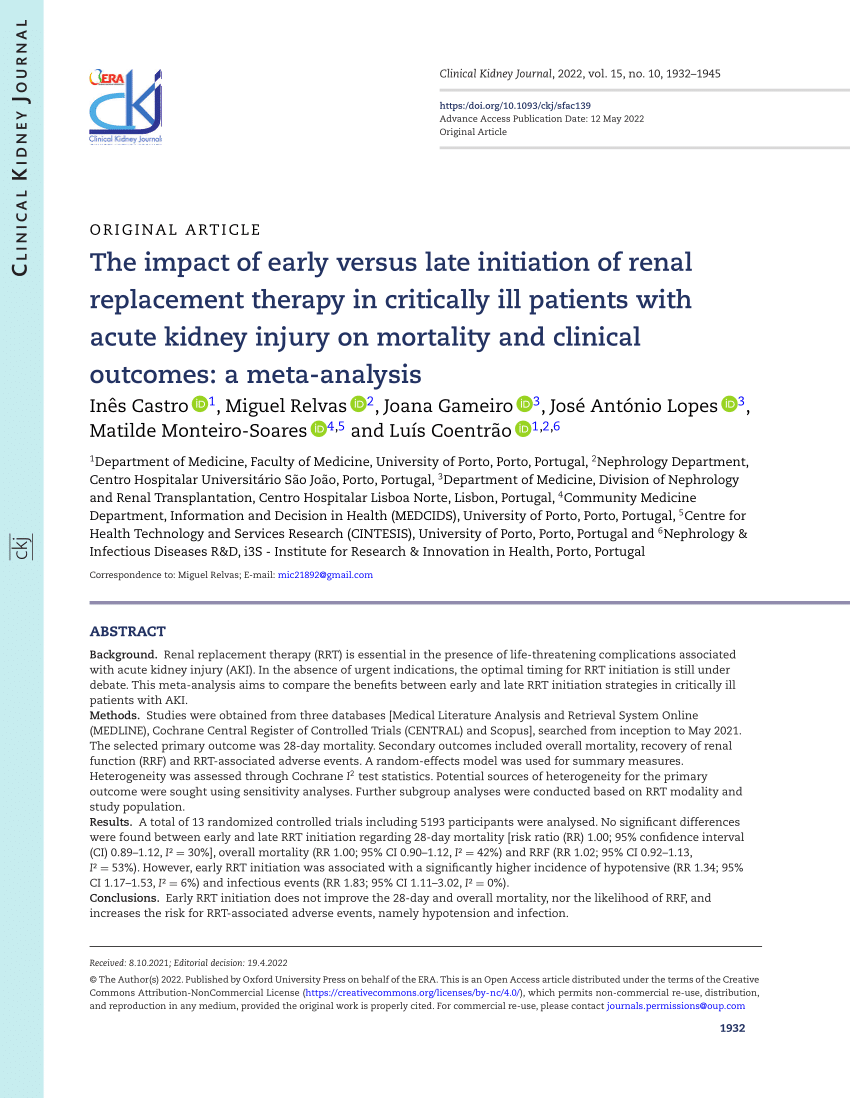 Pdf The Impact Of Early Versus Late Initiation Of Renal Replacement Therapy In Critically Ill 