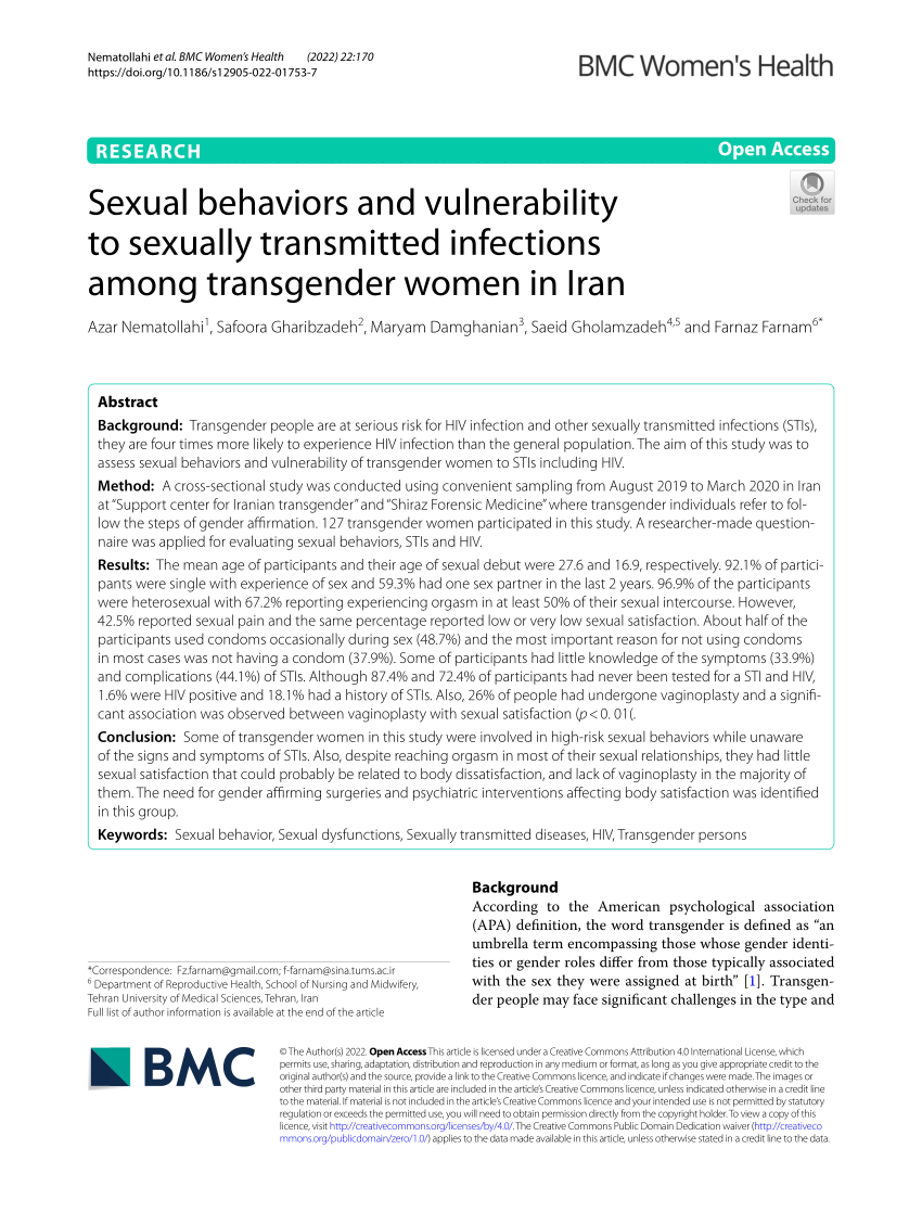 Pdf Sexual Behaviors And Vulnerability To Sexually Transmitted Infections Among Transgender 5916