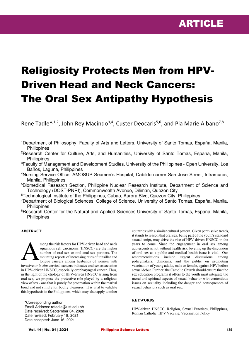 Pdf Religiosity Protects Men From Hpv Driven Head And Neck Cancers