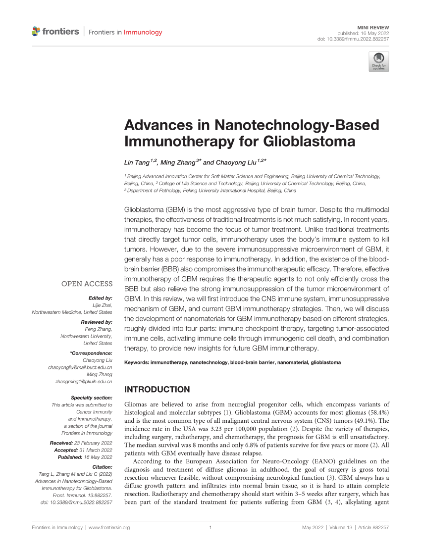 [PDF] Advances in NanotechnologyBased Immunotherapy for Glioblastoma