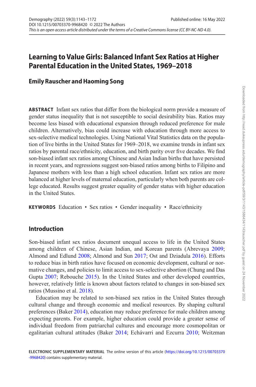 PDF) Learning to Value Girls: Balanced Infant Sex Ratios at Higher Parental  Education in the United States, 1969–2018