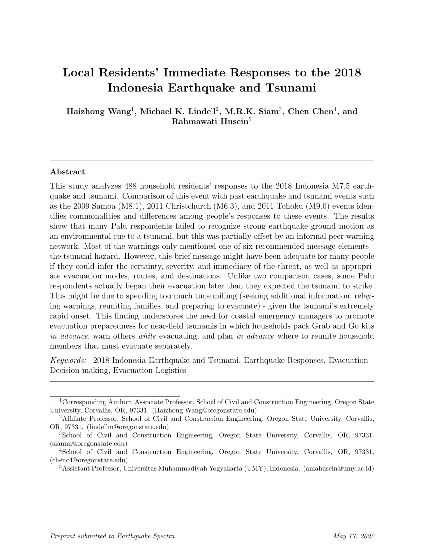 PDF) Local Residents Immediate Responses to the 2018 Indonesia Earthquake and Tsunami