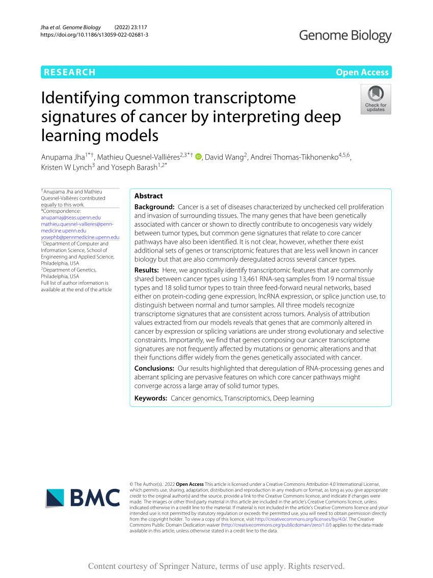 Identifying common transcriptome signatures of cancer by interpreting deep  learning models, Genome Biology