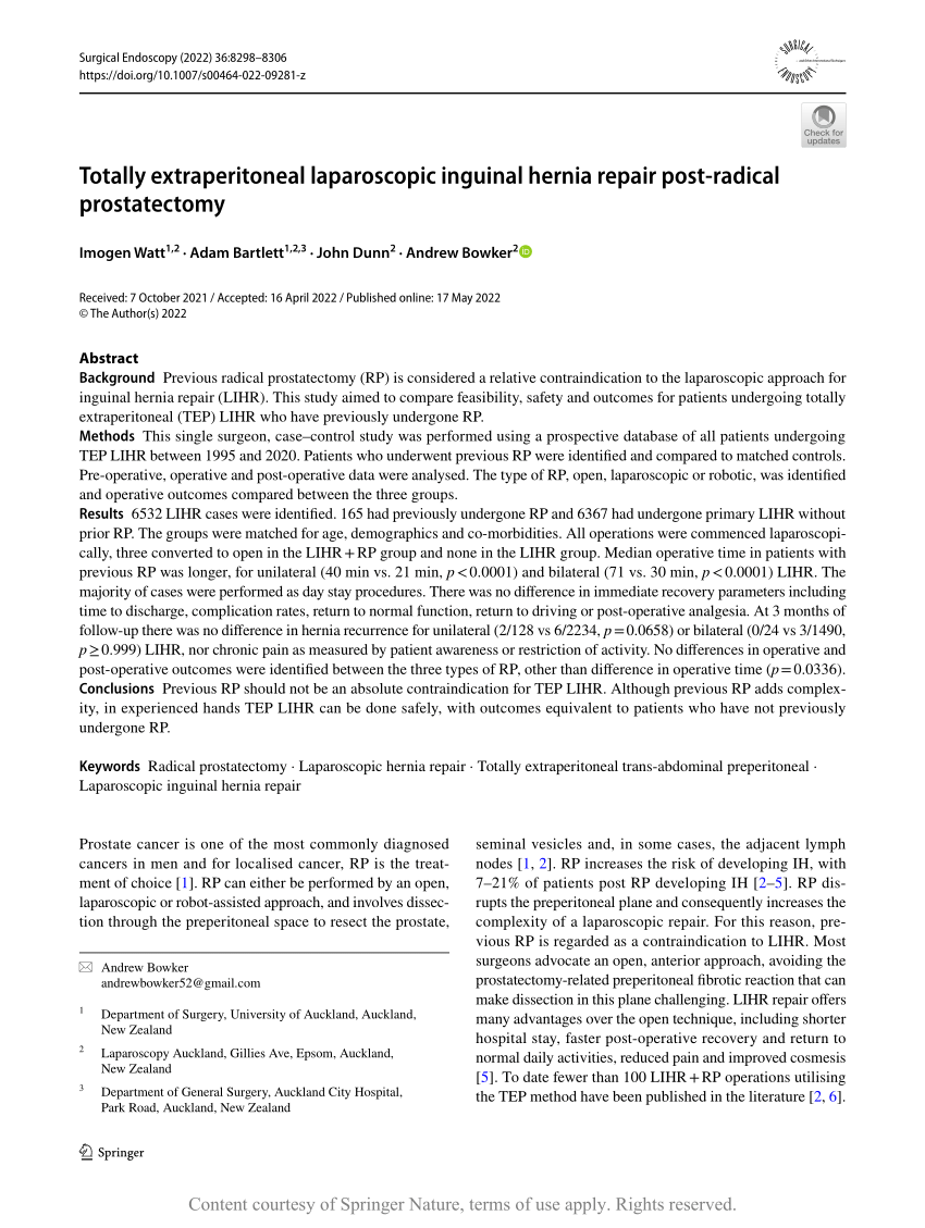 (PDF) Totally extraperitoneal laparoscopic inguinal hernia repair post ...