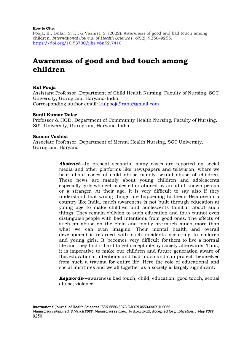 PDF) Awareness of good and bad touch among children