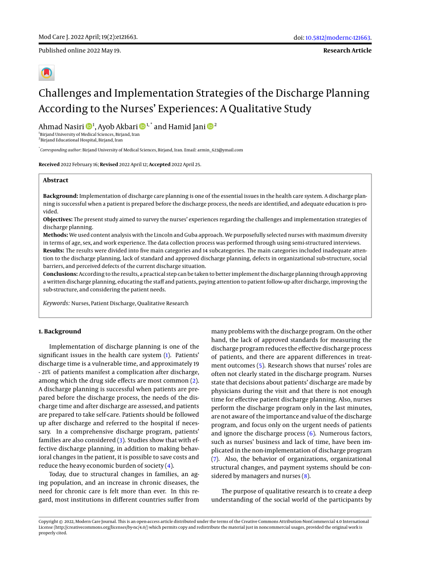 Pdf Challenges And Implementation Strategies Of The Discharge Planning According To The Nurses 6248