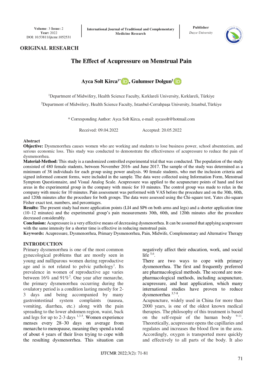 Comparison of Effects of Transcutaneous Electrical Nerve Stimulation(TENS)  and San-Yin-Jiao(SP6) Acupressure on Primary Dysmenorrhea