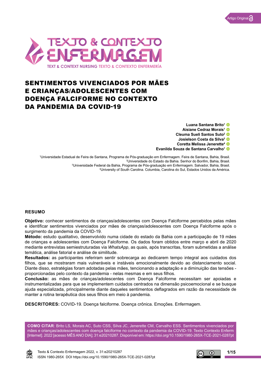 PDF) SENTIMENTOS VIVENCIADOS POR MÃES E CRIANÇAS/ADOLESCENTES COM DOENÇA  FALCIFORME NO CONTEXTO DA PANDEMIA DA COVID-19