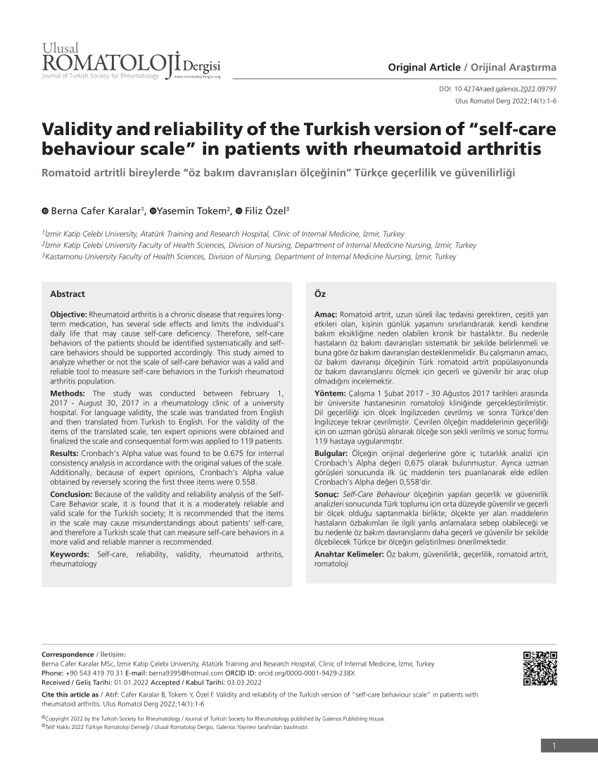 Pdf Validity And Reliability Of The Turkish Version Of “self Care