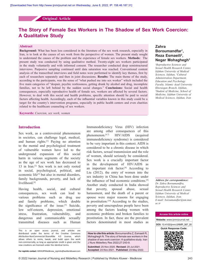 PDF) The Story of Female Sex Workers in The Shadow of Sex Work Coercion: A  Qualitative Study