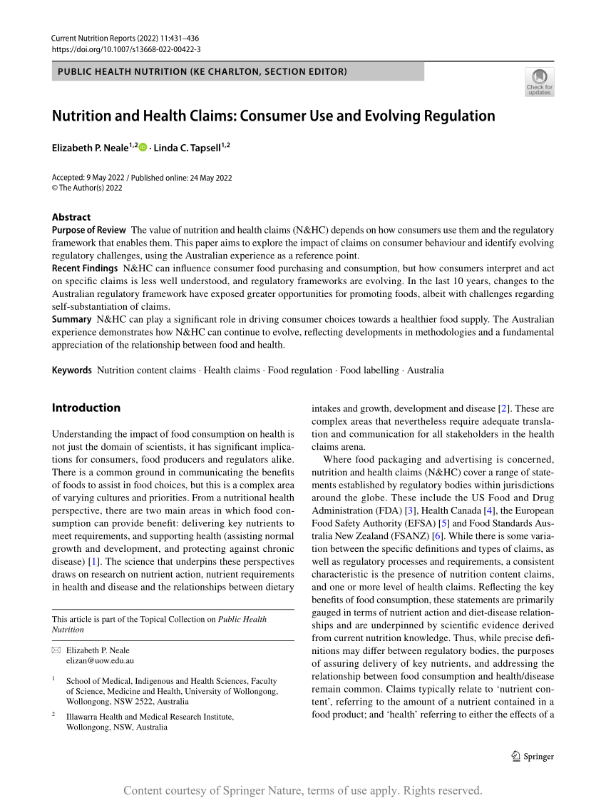 (PDF) Nutrition and Health Claims Consumer Use and Evolving Regulation