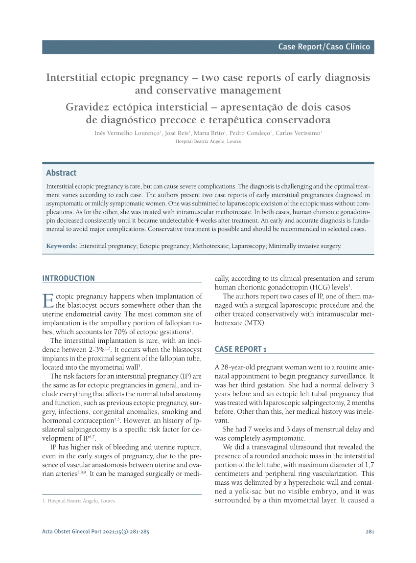 Pdf Interstitial Ectopic Pregnancy Two Case Reports Of Early Diagnosis And Conservative 