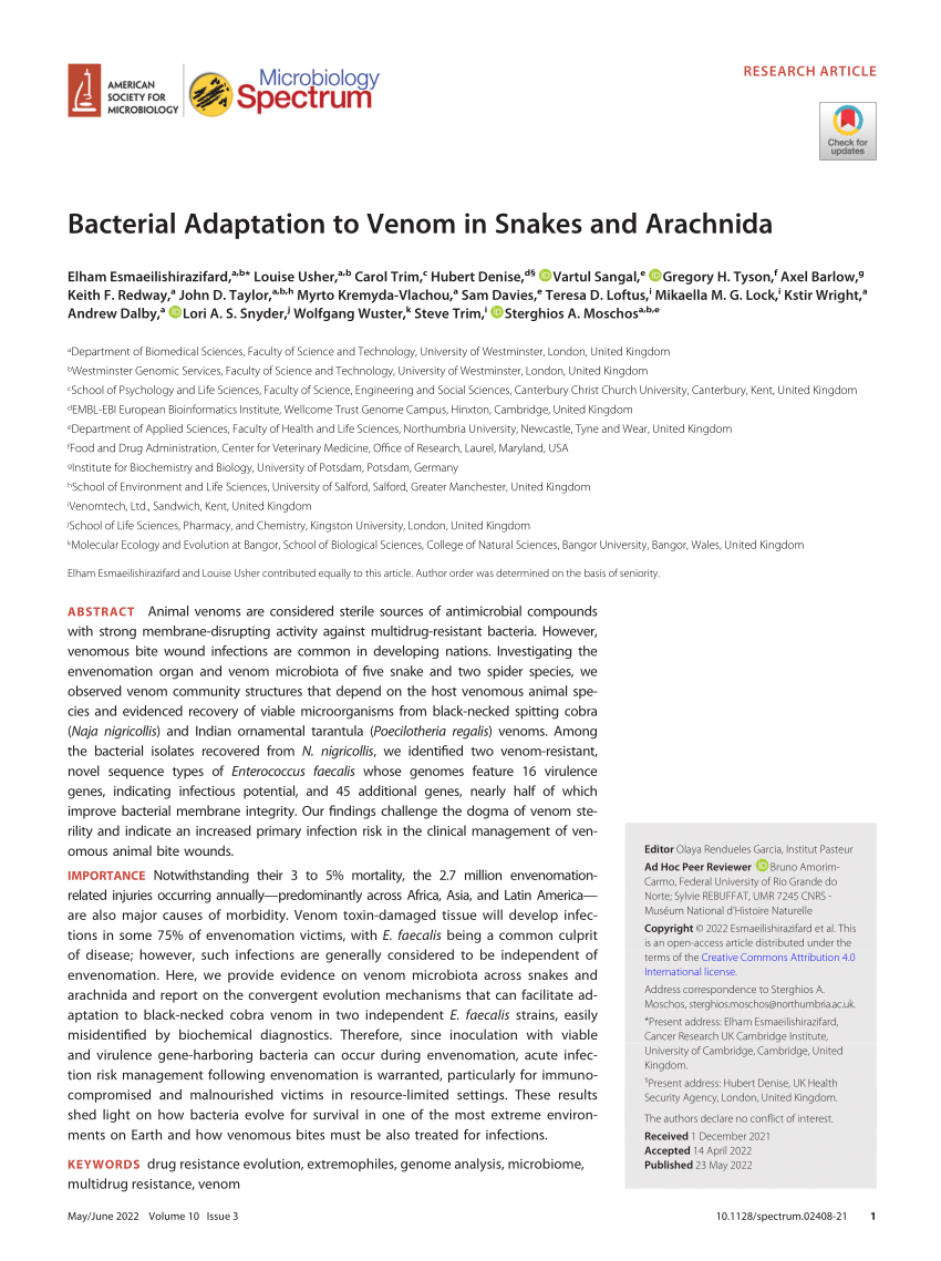 PDF) Bacterial Adaptation to Venom in Snakes and Arachnida