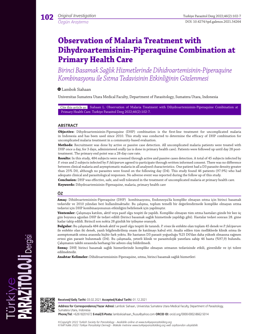 Pdf Observation Of Malaria Treatment With Dihydroartemisinin