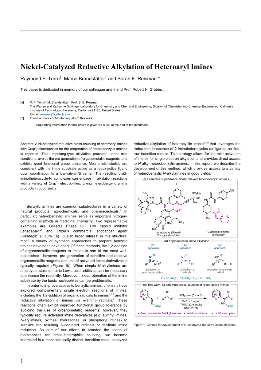 Pdf Nickel Catalyzed Reductive Alkylation Of Heteroaryl Imines