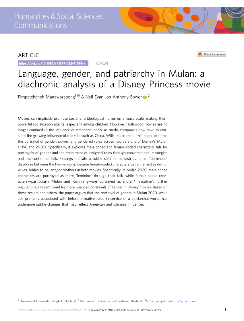 Pdf Language Gender Patriarchy And In Mulan A Diachronic Analysis Of A Disney Princess Movie