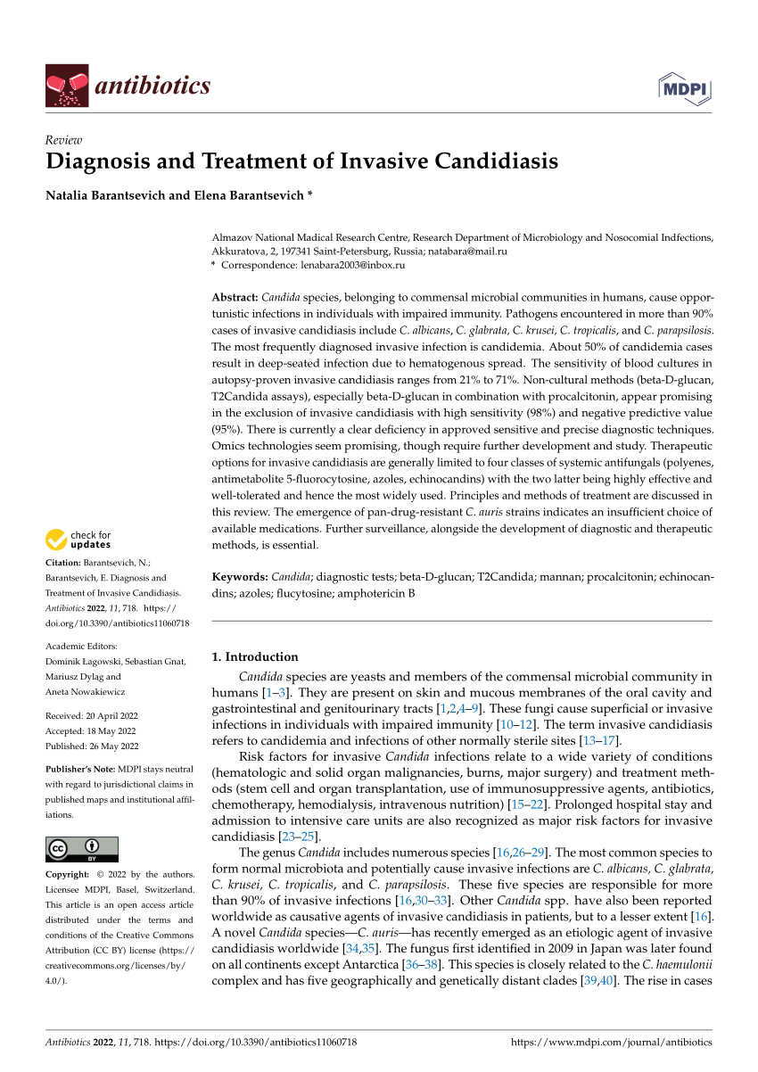 Pdf Diagnosis And Treatment Of Invasive Candidiasis 