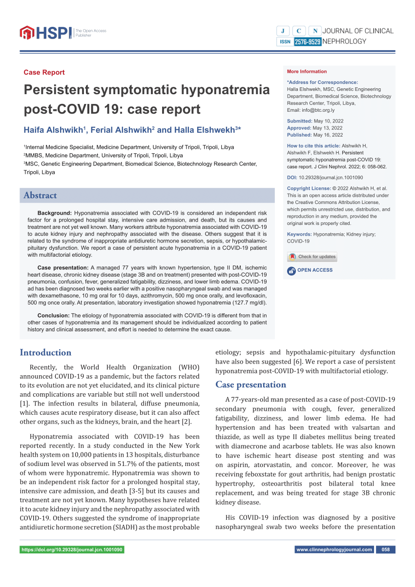 (PDF) Persistent symptomatic hyponatremia post-COVID 19: case report