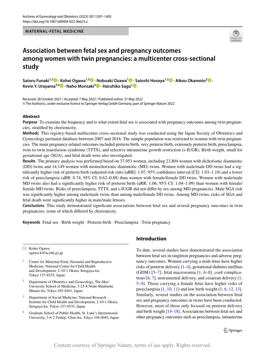 Association Between Fetal Sex And Pregnancy Outcomes Among Women With Twin Pregnancies A 