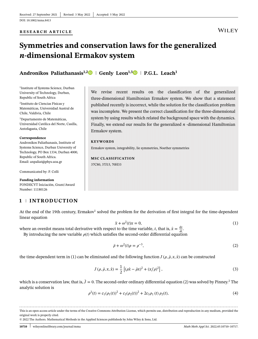 Pdf Symmetries And Conservation Laws For The Generalized N Dimensional Ermakov System