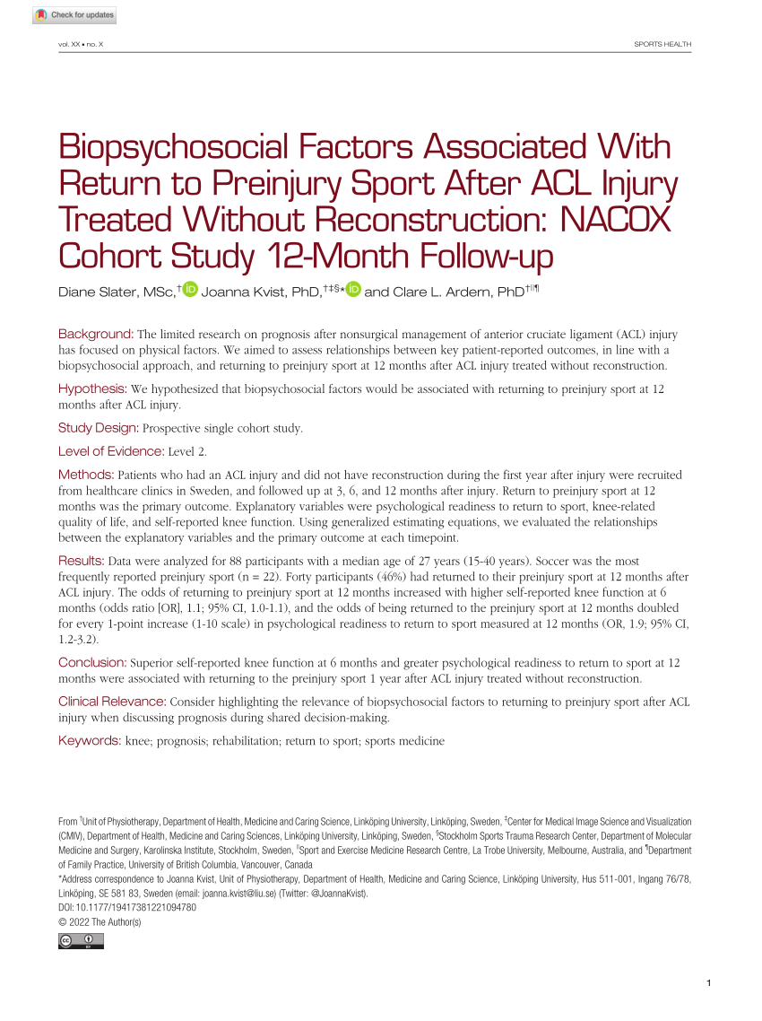 Pdf Biopsychosocial Factors Associated With Return To Preinjury Sport After Acl Injury Treated