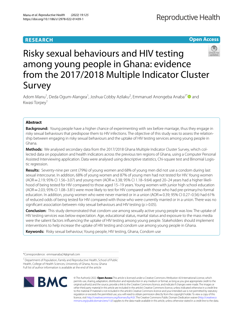 Pdf Risky Sexual Behaviours And Hiv Testing Among Young People In Ghana Evidence From The 2168