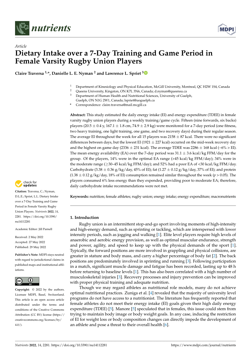 Pdf Dietary Intake Over A 7 Day Training And Game Period In Female Varsity Rugby Union Players