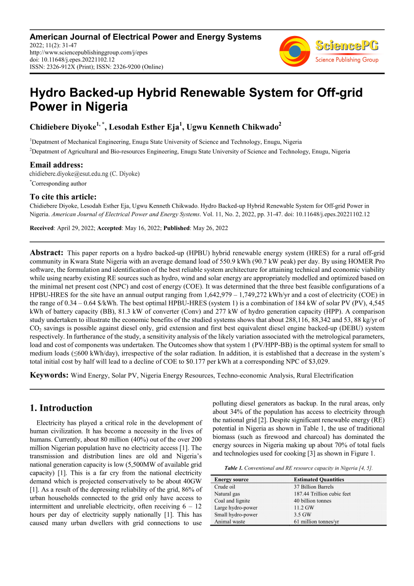 PDF) Hydro Backed-up Hybrid Renewable System for Off-grid Power in 