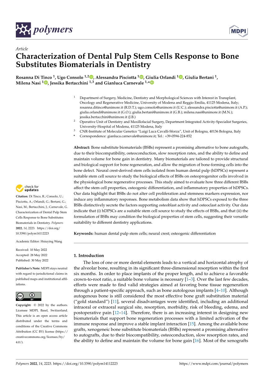 Pdf Characterization Of Dental Pulp Stem Cells Response To Bone Substitutes Biomaterials In 