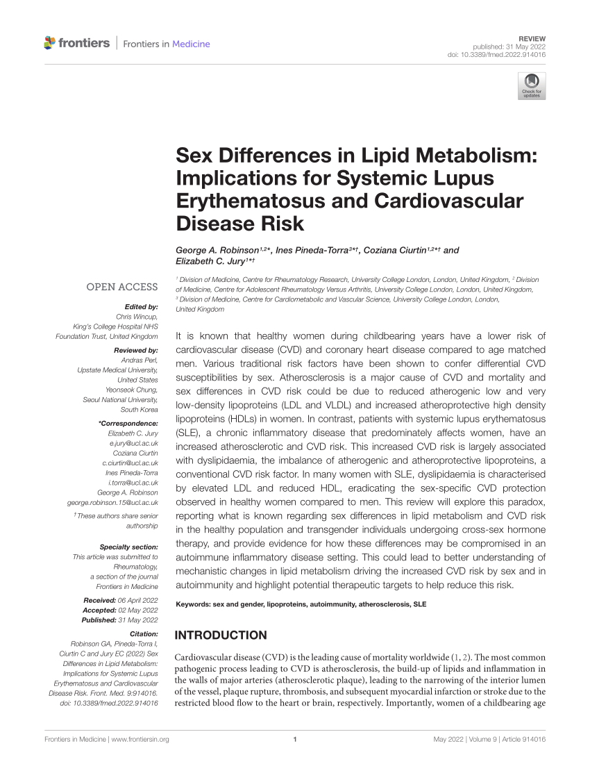 Pdf Sex Differences In Lipid Metabolism Implications For Systemic Lupus Erythematosus And 0811