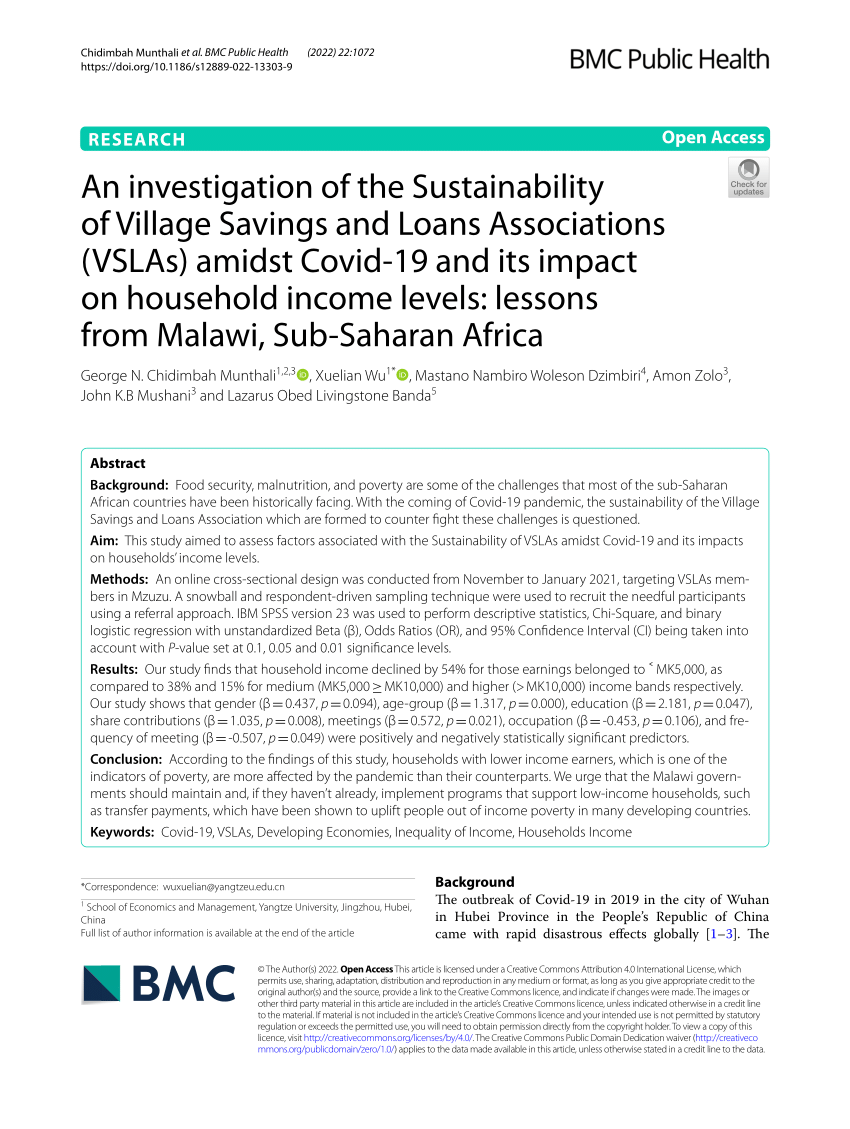 PDF) An investigation of the Sustainability of Village Savings and Loans  Associations (VSLAs) amidst Covid-19 and its impact on household income  levels: lessons from Malawi, Sub-Saharan Africa