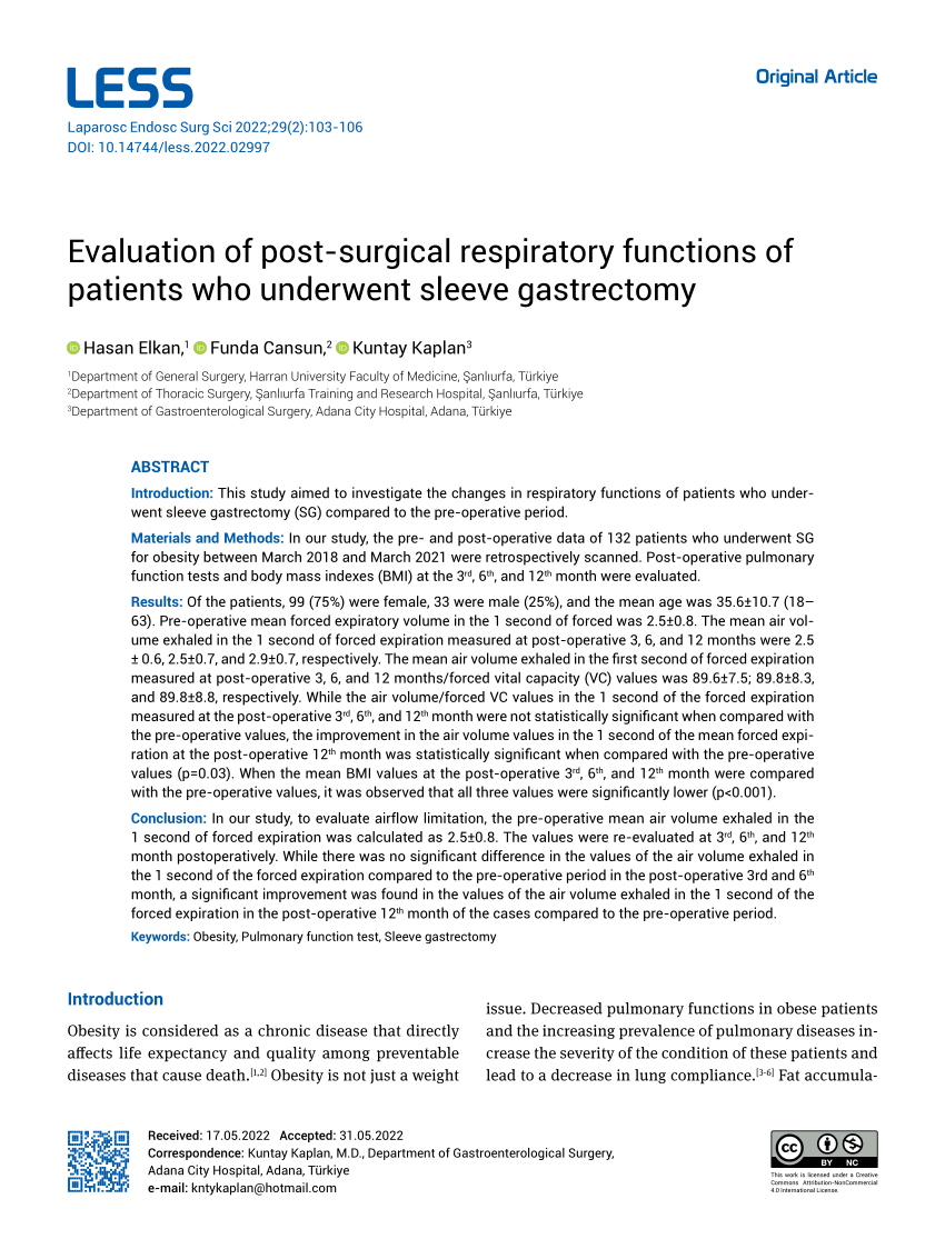 Pdf Evaluation Of Postoperative Respiratory Function Of Patients Who Underwent Sleeve Gastrectomy 5830