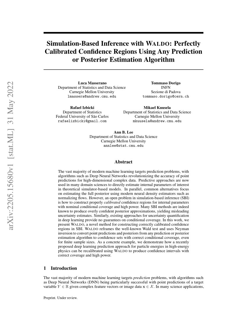 Pdf Simulation Based Inference With Waldo Perfectly Calibrated Confidence Regions Using Any 2974