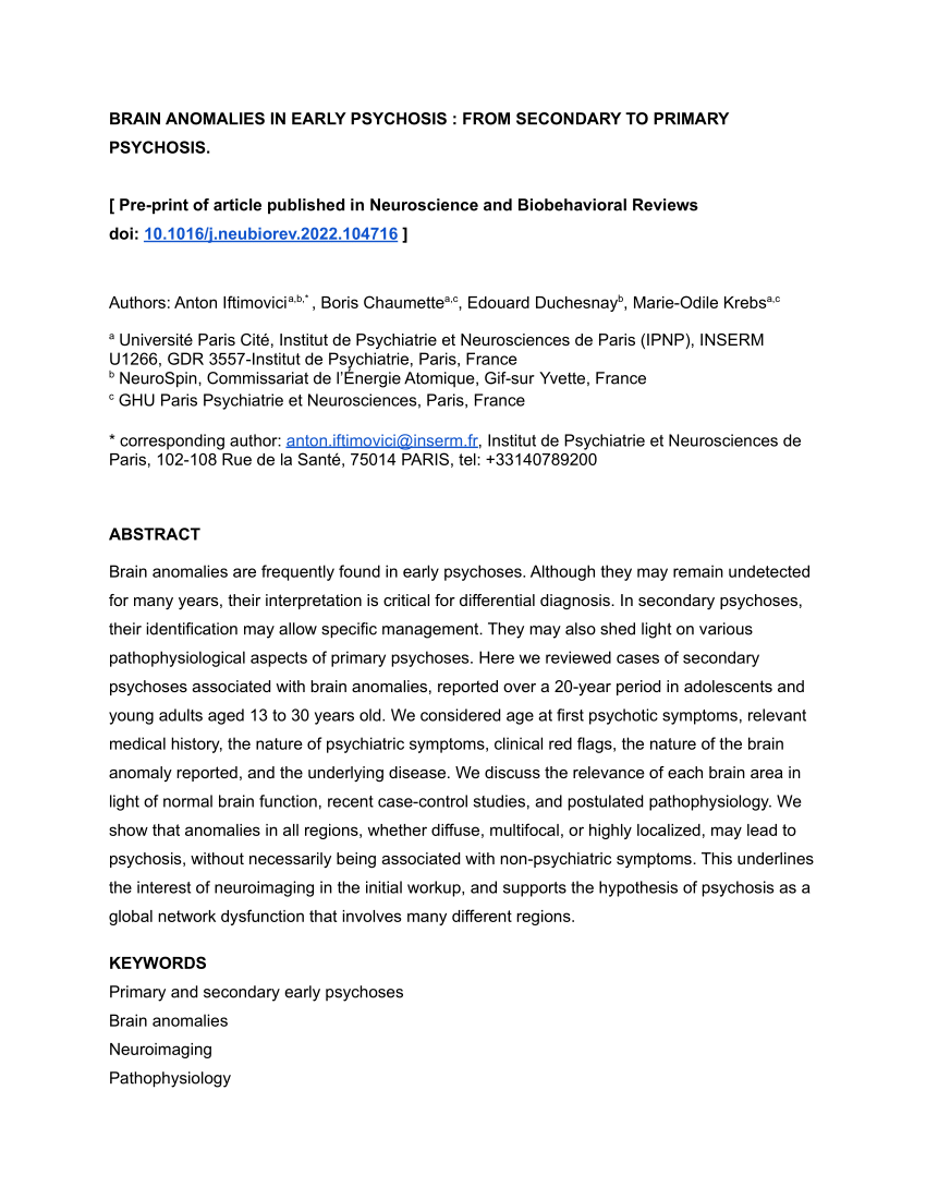 Pdf Brain Anomalies In Early Psychosis From Secondary To Primary Psychosis
