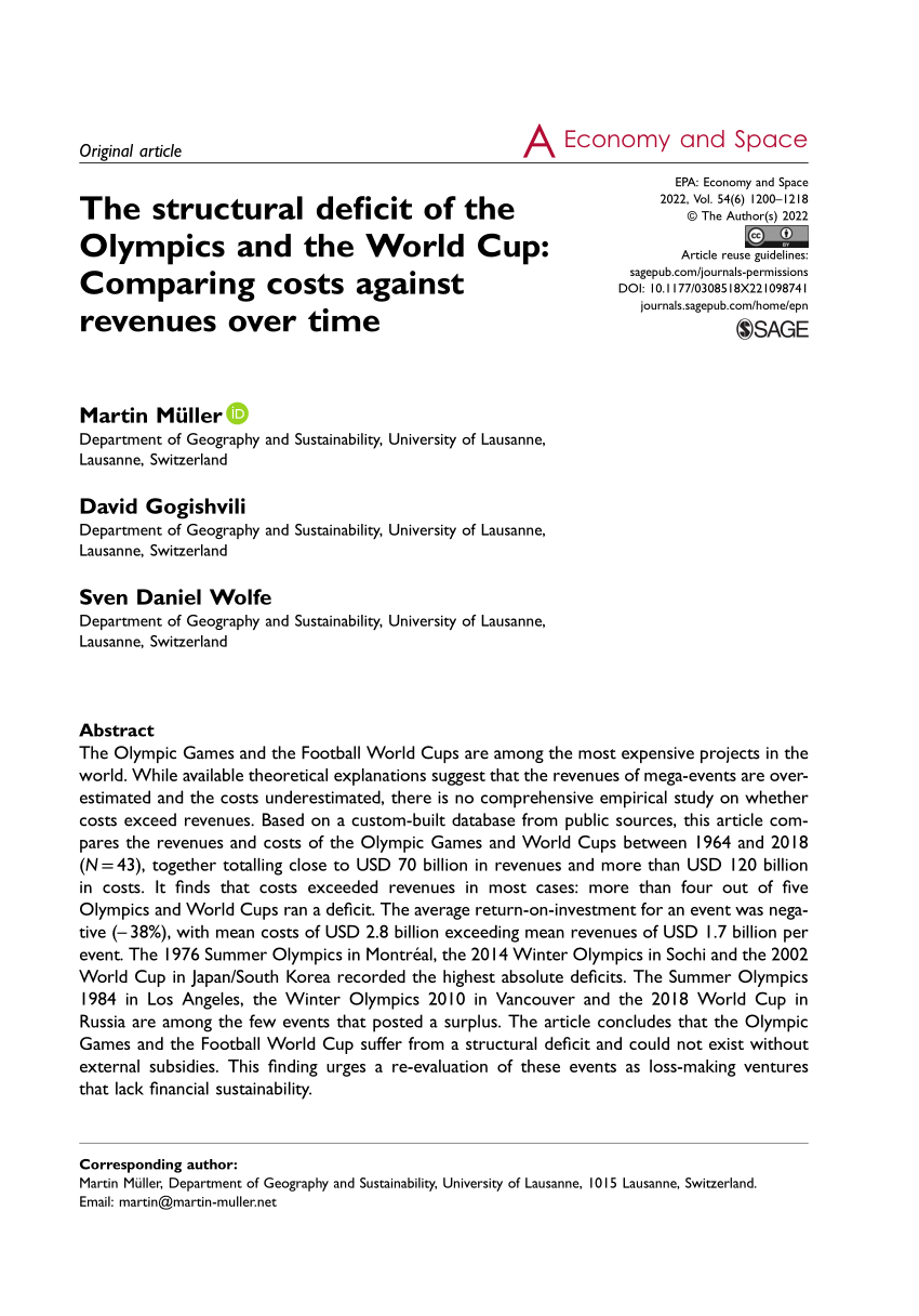 PDF) The structural deficit of the Olympics and the World Cup: Comparing  costs against revenues over time