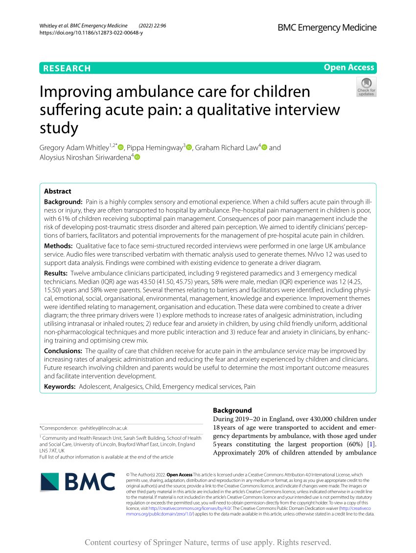 love Anesthetic Lick PDF) Improving ambulance care for children suffering acute pain: A  qualitative interview study