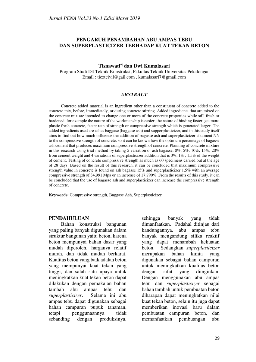 Pdf Pengaruh Penambahan Abu Ampas Tebu Dan Superplasticizer Terhadap Kuat Tekan Beton 0929