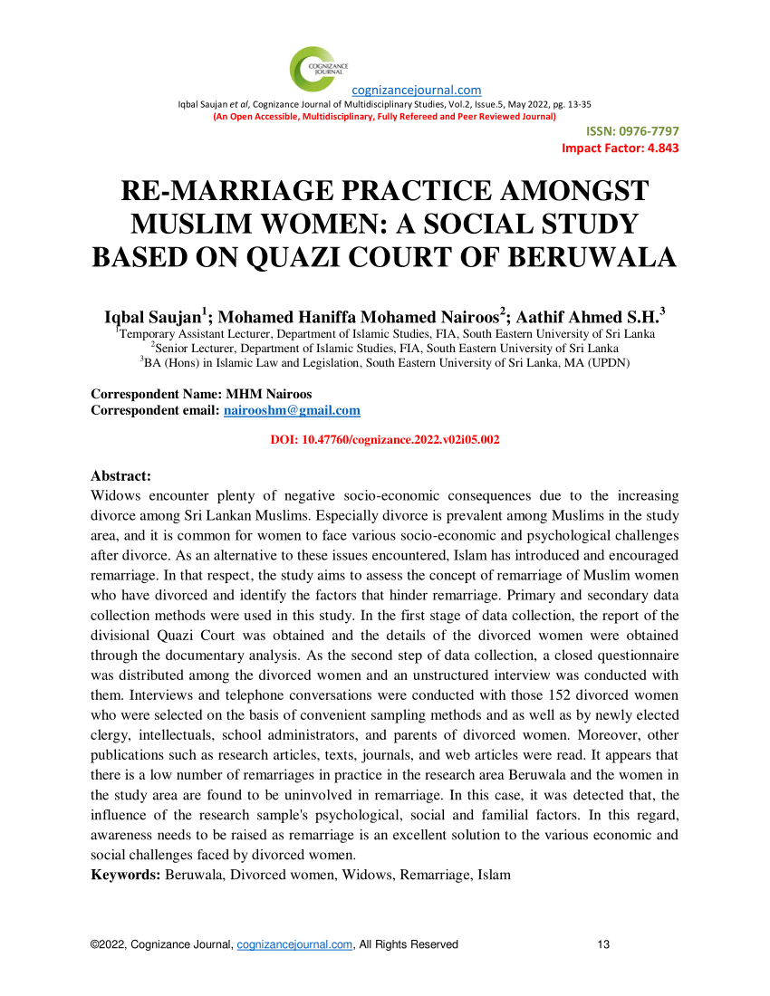 PDF) Re-Marriage Practice Amongst Muslim Women A Social Study Based on Quazi Court of Beruwala photo