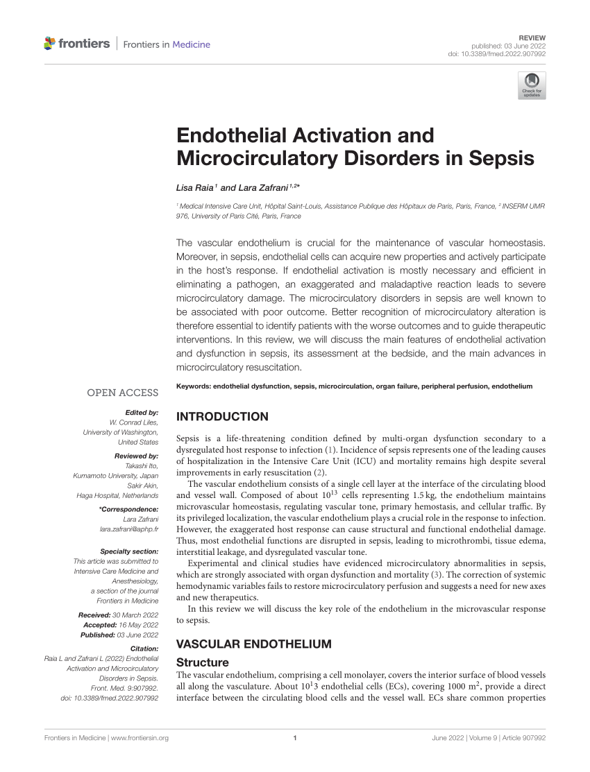 (PDF) Endothelial Activation and Microcirculatory Disorders in Sepsis