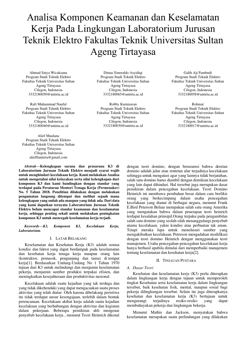 Pdf Analisa Komponen Keamanan Dan Keselamatan Kerja Pada Lingkungan