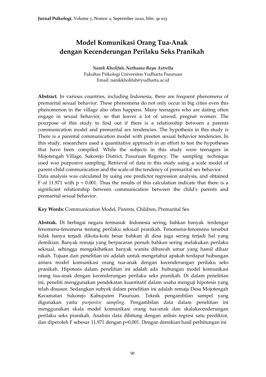 PDF) Model Komunikasi Orang Tua-Anak dengan Kecenderungan Perilaku Seks  Pranikah