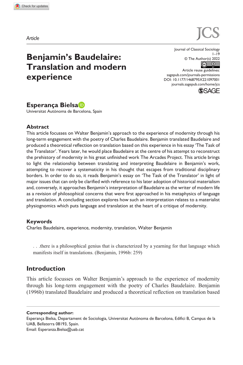 PDF Benjamin s Baudelaire Translation and modern experience