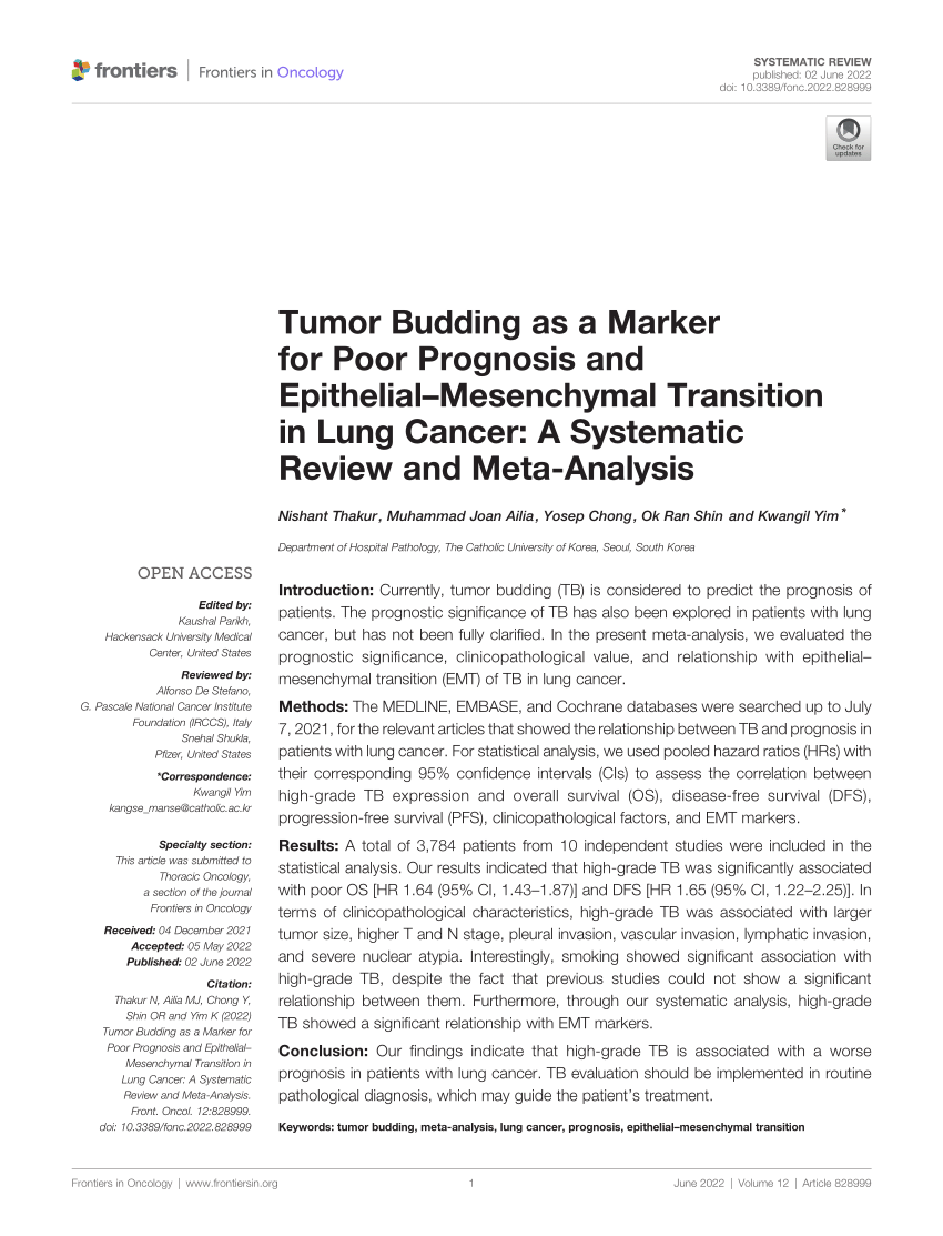 PDF) Tumor Budding as a Marker for Poor Prognosis and  Epithelial–Mesenchymal Transition in Lung Cancer: A Systematic Review and  Meta-Analysis