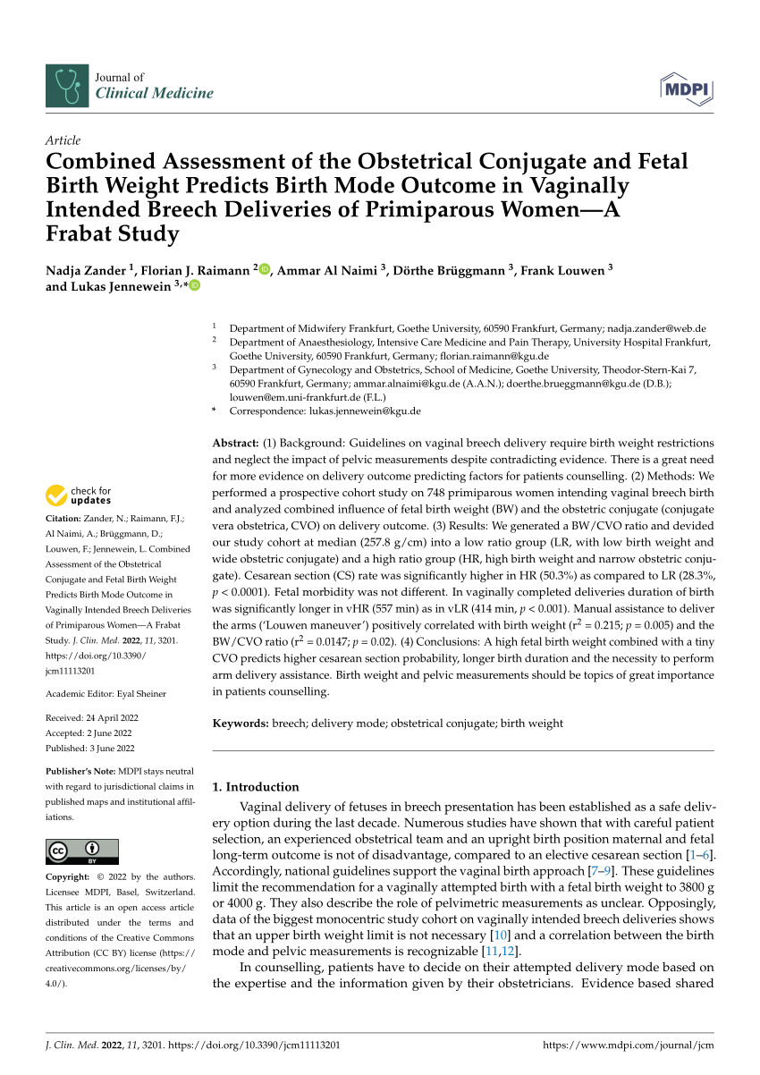 Pdf Combined Assessment Of The Obstetrical Conjugate And Fetal Birth Weight Predicts Birth 0418